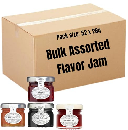 Bulk Jam Portions Assorted 28g Mini Glass Jars Include Blackcurrant, Orange Marmalade, Raspberry & Strawberry – Hotel, Office, Cafe & Guest Gift Favour (52 Jam)
