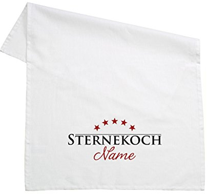 Herz & Heim® Geschirrtuch 100% Baumwolle 45 x 70 cm - Sternekoch - mit Aufdruck Ihres Wunschnamens Weiß