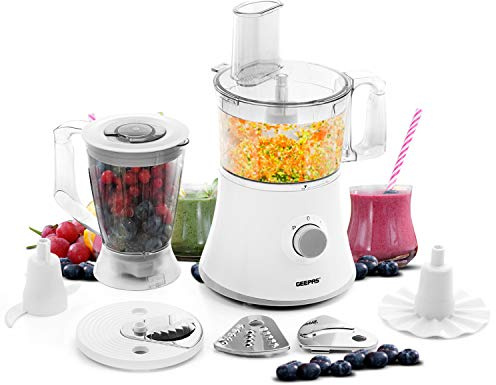Geepas 500W 10 in 1 Food Processor Blender | Multifunctional Electric Chopper Shredder Grater Slicer & Dough Attachments | 1.2L Capacity 2 Speed & Pulse Control | Pure Copper Motor - 2 Years Warranty
