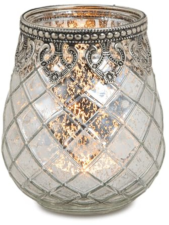 Vintage Kerzenglas Windlicht silber in 10 cm - Modernes Windlichtglas als Kerzenständer Laterne und Teelichthalter - Boho Kerzenhalter Teelichtglas für Wohnzimmer Tisch-Deko, Balkon, Hochzeit