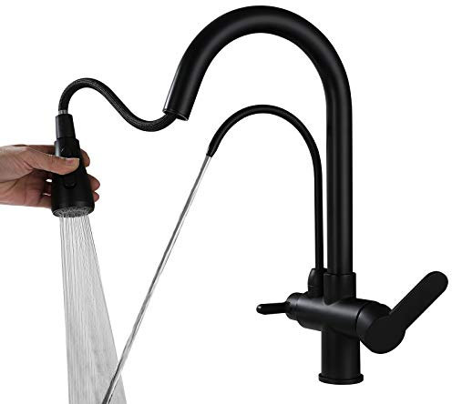 SJQKA 3 Wege Wasserhahn Küche, Ausziehbar Küchenarmatur ,360° Drehbar Küchearmatur, Spültischarmatur aus Messing, 3 in 1 Mischbatterie für Wasserfilter, schwarz
