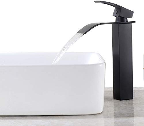 Wasserhahn Bad Wasserfall Schwarz, Waschtischarmatur Hoch mit Auslauf Höhe 204mm, Einhebelmischer Mischbatterie Kaltes und Heißes, Armatur Aufsatzwaschbecken für Badezimmer