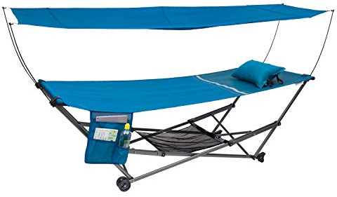 Berger Faltliege mit Sonnendach | Campingliege klappbar mit Kopfkissen & Organizer | Camping Liege Gartenliege faltbar, stabil & fragbar | Inkl. Transporttasche & Netzablage für Outdoor & Balkon