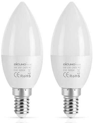 DiCUNO ProOE E14 bombilla LED 5W, 5000K Blanco Frío LED en forma de vela, Eequivalente 40W halógeno, 460LM, E14 C37 espectro completo CRI 98, no regulable, 100-240V, 2 Piezas