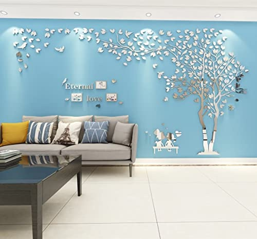 Baum Wandaufkleber Wandtattoo 3D DIY Sticker mit Familie Bilderrahmen Fotorahmen Wandbilder Wandkunst für Wohnzimmer Schlafzimmer (Silber Rechts,M-130 * 250cm)