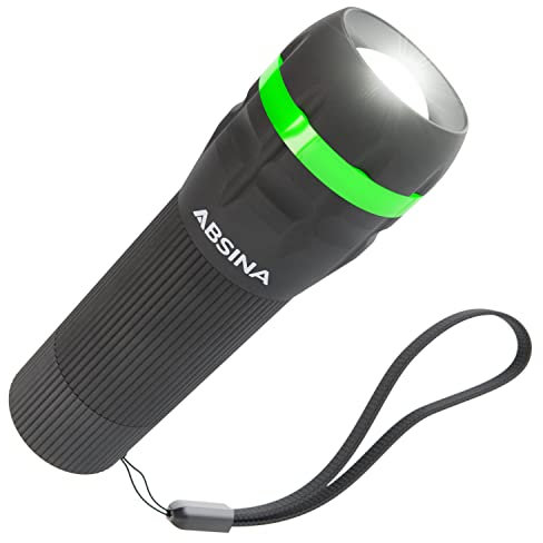 ABSINA Piccola torcia a LED alimentata a batteria – Mini torcia per bambini con 60 lumen e 110 m di distanza luminosa – Torcia elettrica per bambini per ragazzi e ragazze con messa a fuoco continua