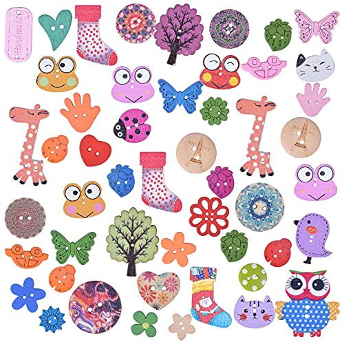 50 Pièces Bouton en bois Bricolage, Bouton Artisanal, Boutons en bois pour le Bricolage, Bouton Bricolage en Bois, Boutons de Bricolage Pour L'artisanat pour Les Enfants 1 trou, 2 trous, 4 trous