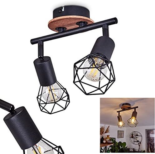 HOFSTEIN Deckenleuchte Baripada, verstellbare Deckenlampe aus Metall/Holz in Schwarz/Natur, Leuchte im Retro/Vintage-Design, Lichteffekt durch Gitter-Optik, 2xE14, Wohnzimmer, Esszimmer, Schlafzimmer
