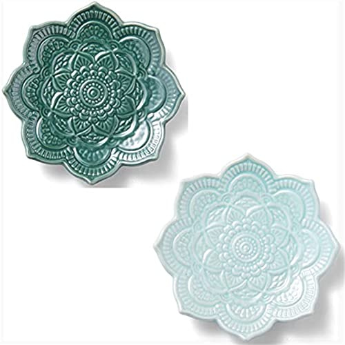 2 Pack Mandala Ceramic Jewelry Trinket Dish, Boho Crystal Holder Key Bowl | Gifts for Women, Friend, Birthday Christmas Valentines Present - Versatile Decorative Ring Holder Dish, Boho Home Table Decor
