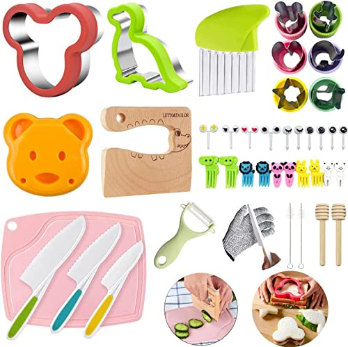 LETTO & TAILOR Kit Cuisine Enfant Couteau, Ustensiles Cuisine, Couteaux Montessori, Gants de Protection, Planche à Découper, Idéal pour Petits Chefs (kit 41 Pièces Couteau Enfant)