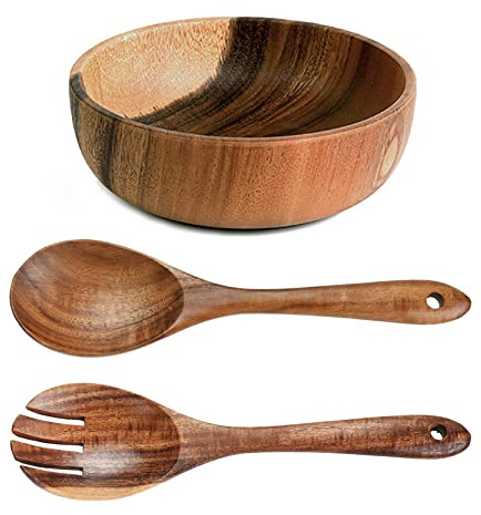 UPTALY Stor salladsskål i trä (18 cm x 7.5 cm), ingen skarvning, mejslad från hela träbiten, med träsalladssked och gaffel set (26 cm x 6.8 cm), akacia träskål, stora serveringsskålar