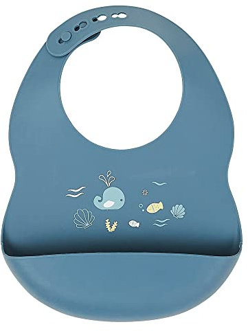 Nattou Bavaglino in Silicone con Tasca, Motivo a Tema Mare, Taglia Regolabile, Senza BPA, Ca. 20 x 27 cm, Silicone, Blu