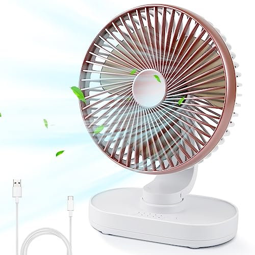 WingFly Silent Desk Fan, USB Table Fan Cooling Fans, Quiet Operation, 4000mAh Rechargeable Battery, 4 Speeds 6,5 Inch Portable Fan for Home Bedroom Office Outdoor Travel (Rose Gold)