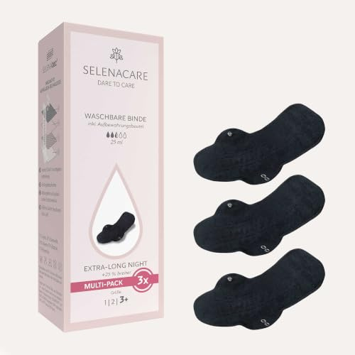 Selenacare Waschbare Binde (3er Multipack, Größe 3 Plus) mit Aufbewahrungsbeutel - antibakteriell & geruchshemmend, wiederverwendbare Binde für Damen, 100% vegan