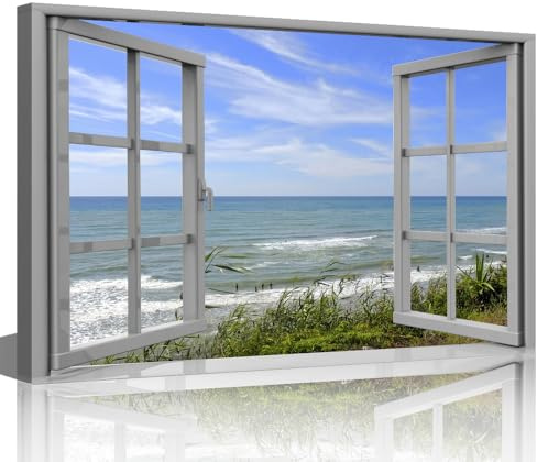 TISHIRON Leinwandbild, 3D-Fensterblick, Sommerzeit, Kunst, Strand, Meer, Bild für Zuhause, Büro, Badezimmer, Schlafzimmer, gespannt, Giclée-Gerahmter Druck, fertig zum Aufhängen, 40,6 x 61 cm
