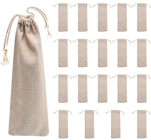 Anxingo 20 Pcs Straw Carrying Case Bag, Portable Travel Cutlery Organizer, Safe Reusable Knife and Fork Pouch, Cotton Linen Storage Bag