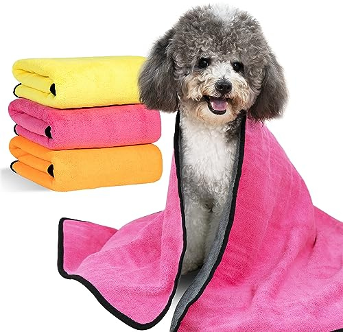MICOOYO 3 st hundhanddukar för torkning – superabsorberande handdukar för husdjurskötsel, snabbtorkande hundhanddukar för valpar katter (gul, rosa, orange, M)