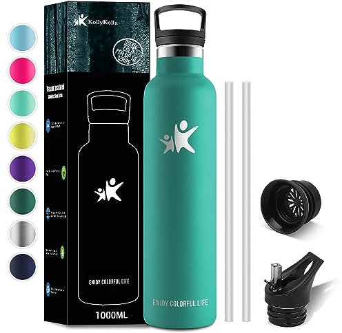 KollyKolla Botella Termica 1 litro, Botella Agua Acero Inoxidable con Pajita y Filtro, Cantimplora Sin BPA, Reutilizable, Doble Pared al Vacío a Prueba de Fugas, Termo para Deporte, Gimnasio, Viaje