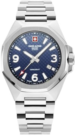 swiss alpine military Reloj analógico de cuarzo 7005.1 para hombre, acero inoxidable, Acero/Acero/Azul - 1135sam, Pulsera