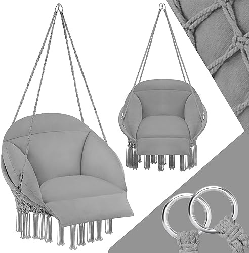 tectake® Hängstol med bohostil och hängkorg Ø 80 cm, tjocka dynor 10–12 cm, dekorativa tofsar, max belastning 160 kg – kraftigt vävt tyg och pulverlackerat stål, för inom- och utomhusbruk - Grå