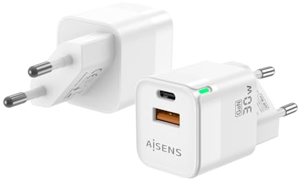 AISENS - ASCH-30W2P004-W - Cargador GAN 30W, 1XUSB-C PD3.0 QC4.0, 1XUSB-A QC3.0, Blanco
