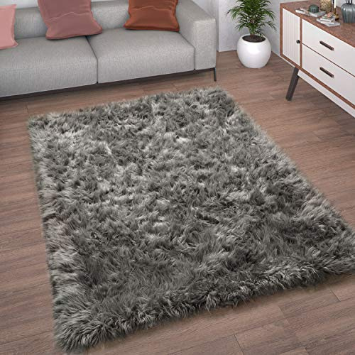 Paco Home Kunstfell Fellteppich Imitat Teppich Hochflor Sitzkissen Herzform Rund Fell Form, Grösse:90 cm Rund, Farbe:Anthrazit