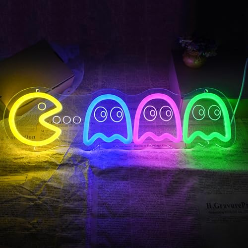 Aslanka Arcade Licht Werbung, Retro Ghost Arcade Spiel, LED Neonlicht Zeichen, Handgemachte Ästhetische Coole Arcade Thema Nachtlampe für Spielzimmer, Kinderzimmer, Männerhöhle Party