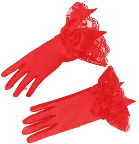 Yurosaiy Kurz Spitzen Handschuhe Damen 1 Paar Brauthandschuhe Elegant Schleifen Handschuhe Hochzeit Vintage Mesh Spitzenhandschuhe Party Handschuhe für Bankett Abschlussball Hochzeit Rot
