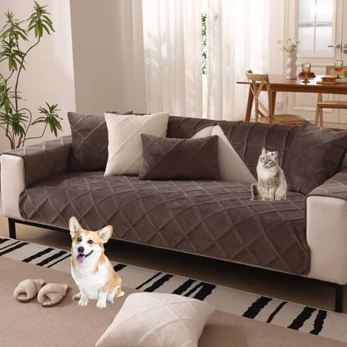 KCCRHIN Karo Samt Sofabezug Ecksofa L Form 1 2 3 4 Sitzer Einfarbiger Couch Bezug Weich Sofaüberwurf rutschfest Sofaschoner Waschbar Sofa Überzug Sofaschutz Katze Hund,Braun,110 * 210cm/43 * 83in