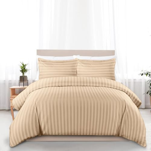 Sapphire Textile Egyptian Cotton Duvet Cover Bedding Set 400 Thread Count Satin Stripe Quilt Cover With Pillowcase Hotel Quality with Easy Closure (Mocha, Single)