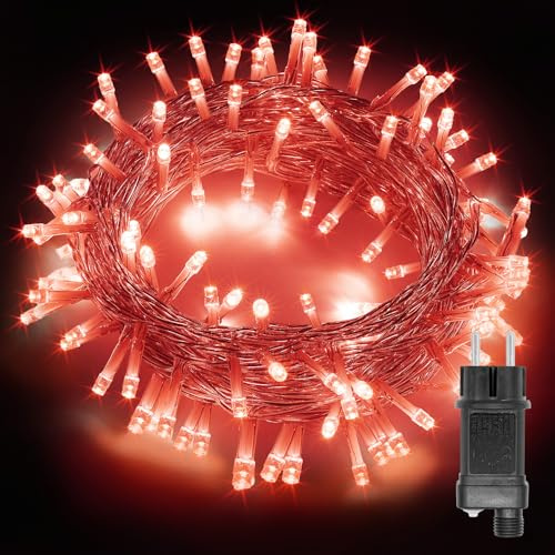 ALLBASA Lichterkette 8 Modi 10 m 100 LEDs, für Weihnachtsbaum, Hochzeit, Party, Lichterkette mit Stecker Außen und Innen (Rot, transparenter Faden)