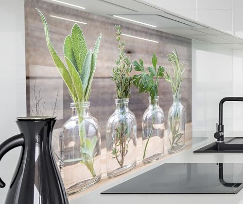 timalo Herd Spritzschutz Wand Spüle, Küche Küchenrückwand Glasoptik | Acryl Glas 2mm | Glasrückwand Acrylglas Küchenpaneele Rückwandschutz Platte | 80x50cm Kräuter im Glas