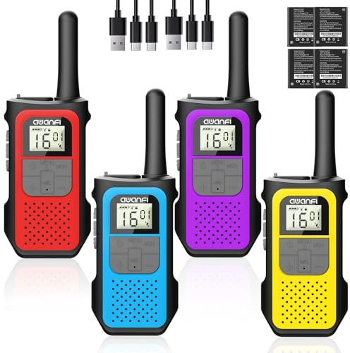AWANFI Walkie Talkie 4er Set, Walkie Talkie Aufladbar für Erwachsene Kinder, 16 Kanäle Funkgeräte Set mit 1200mAh Li-ion Akku VOX, Walki Talki für Camping Wandern Geschenk