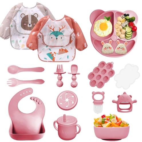 Bizcasa 14 st babymåltidslåda, halkfri babyservis set silikon med sugkopp, skål, gaffel, sked, haklapp och kopp, barntallrik, BPA-fri (14 st-mörkrosa)