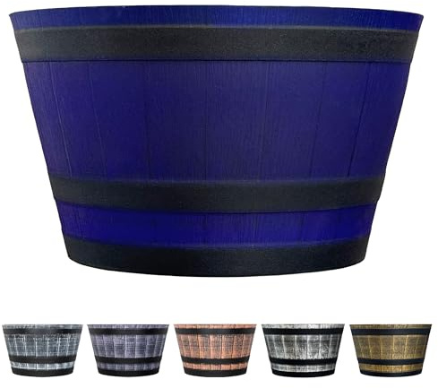 SG Traders Large Half Barrel Cask Planter, Indoor Plant Pot with Drainage Holes, Flower Pots Outdoor Garden Planters, Plastic, Dark Blue with Black Bands, 52 x 31cm