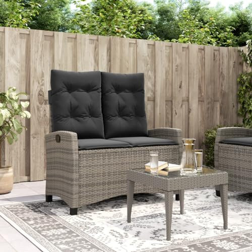 Makastle Gartenbank Garten Sitzbank Verstellbare Rückenlehne PE Rattan Balkon Bank mit Sitzpolster, Outdoor Garten Sofa Couch Liege Gartenmöbel Bänke, Grau