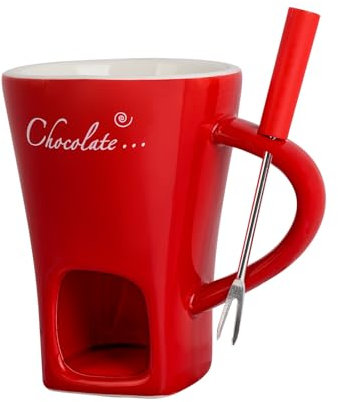 Ceramic Butter Chocolate Fondue Mug - Melting Chocolate Pot with Fork, Cheese Warmer Cup, Light Candle Fondue Melter Set for Melting Hot Chocolate (Red)