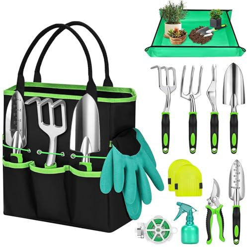 Mactoou Set di attrezzi da giardinaggio, 12 Pezzi kit giardinaggio con paletta giardinaggio, Tappetino per Rinvaso di Piante, Borsa, Set Giardinaggio Regali da Giardino per Donna Uomo