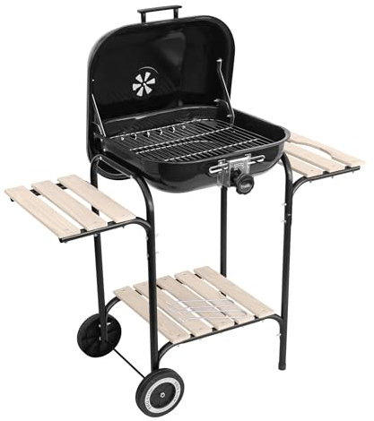Large Charcoal BBQ Grill – Black Outdoor Barbecue with Lid, Adjustable Chrome Grate, Storage Shelves & Wheels – Portable Charcoal Grill for Garden, Patio, Camping & BBQ Parties