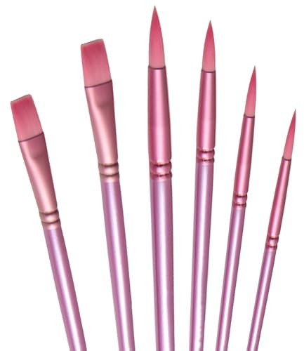 aderroo Acryl-Pinsel-Set, 6-teilig, Aquarellpinsel, Malpinsel, Nylon-Haarbürsten für Allzweck, Öl, Aquarellmalerei, Anfänger-Kits (6, Rosa)