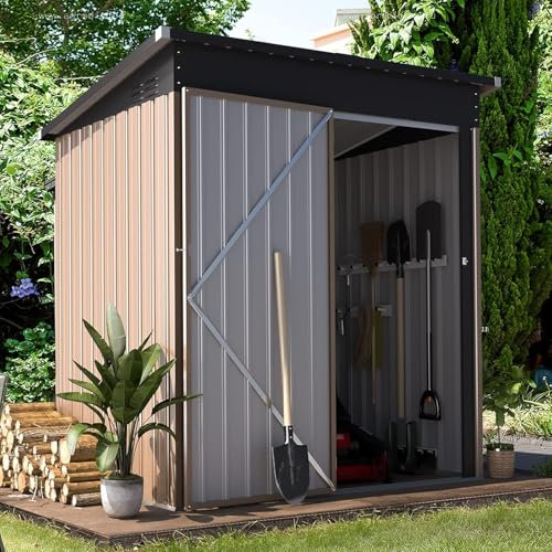 YODOLLA Petit Abri de Jardin en Métal 1,28 m²，Cabane de Jardin Exterieur avec Toit Incliné et Porte Coulissante，Rangement Outils 149 x 85,6 x 159cm (Gris)