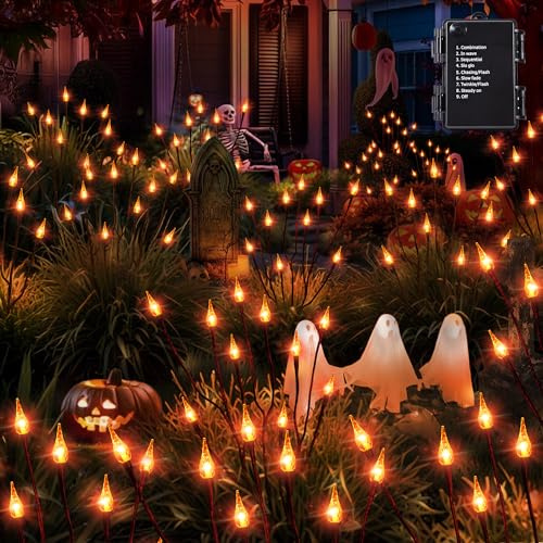 BrizLabs Luci Halloween per Esterno, Set di 3 Luce Decorazioni Autunnali 30 LED Candela Giardino Illuminazione Arancia Batteria con Timer, Impermeabile 8 Modalità Lampada per Natale Ringraziamento