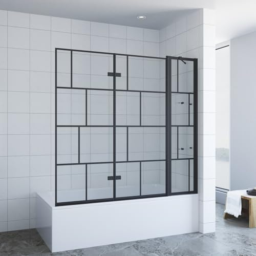 Duschwand für Badewanne 150 x 140 cm 3-teilig Faltbar schwarz Dekor Kariert Badewannenaufsatz Glas Duschtrennwand Faltwand mit Festteil und Ablage Duschabtrennung 5 mm Sicherheitsglas | AQUABATOS
