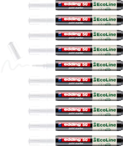edding 50 EcoLine Lackmarker – weiß – 10 Stück – Rundspitze 2-3 mm – wasserbasierte Tinte, stark deckend & wasserfest – Lackstift für Glas, Stein, Holz, Kunststoff und Papier