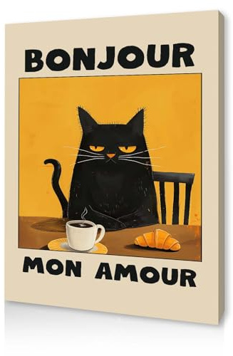 Qiukoo Framed Canvas Wall Art with Pre-Framed Canvas and Hanging Hooks – Funny Cat Print Bonjour Mon Amour, Modern Wall Art for Living Room, Bedroom, Kitchen or Coffee Corner, 12 x 16