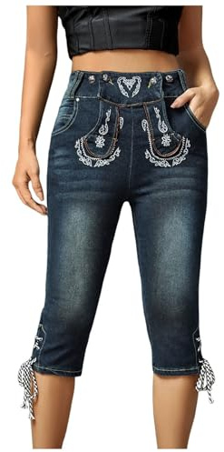 Generisch Trachtenjeans Damen 3/4 Trachten Jeans Stretch Lederhose Tracht Kurze Hose Lederhosen Kniebund Hosen Oktoberfest Capri Trachtenhose Sommer Dreiviertel Caprihose Trachtenlederhose
