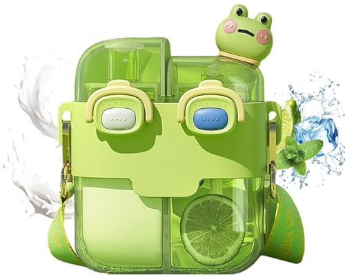Lawnrden Bouteille d'eau mignonne pour enfants, bouteille d'eau kawaii double chambre avec paille et sangle et verrouillage 530 ml de fuite portable pour les voyages de sport scolaire, vert