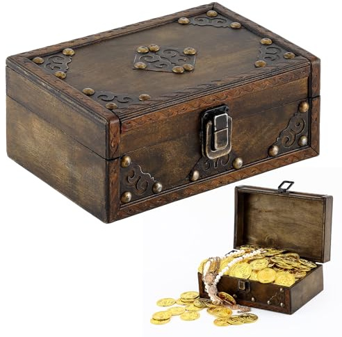 Threehoney Wooden Treasure Chest 7 x 5 x 3 Vintage Pirate Chest Keepsake Box with Hinged Lid for Jewelry Storage Coins Trinkets Rustic Decorative Box for Table Home Decor