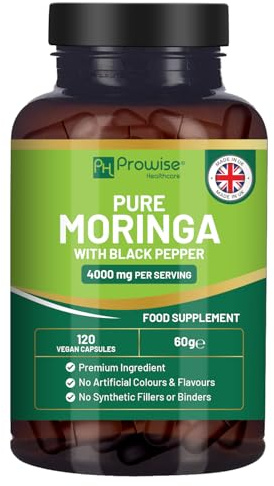 Pure Moringa Leaf 4000mg per Serving Added with Black Pepper 120 Vegan Capsules | Moringa Oleifera Leaf Supplement | 100% Natural - No Synthetic Binders or Fillers | Extract & Powder Combo by Prowise