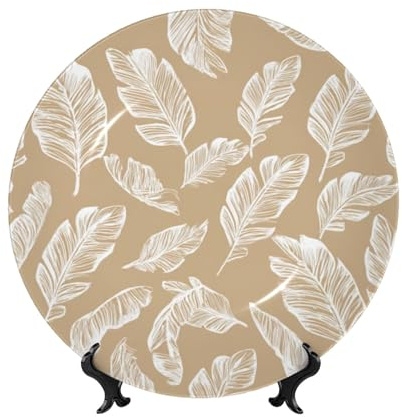 Assiettes décoratives en porcelaine anglaise avec support, motif feuilles de bananier beiges bohèmes rondes pour cuisine, salle à manger, armoire à vin, décoration d'intérieur, 20 cm